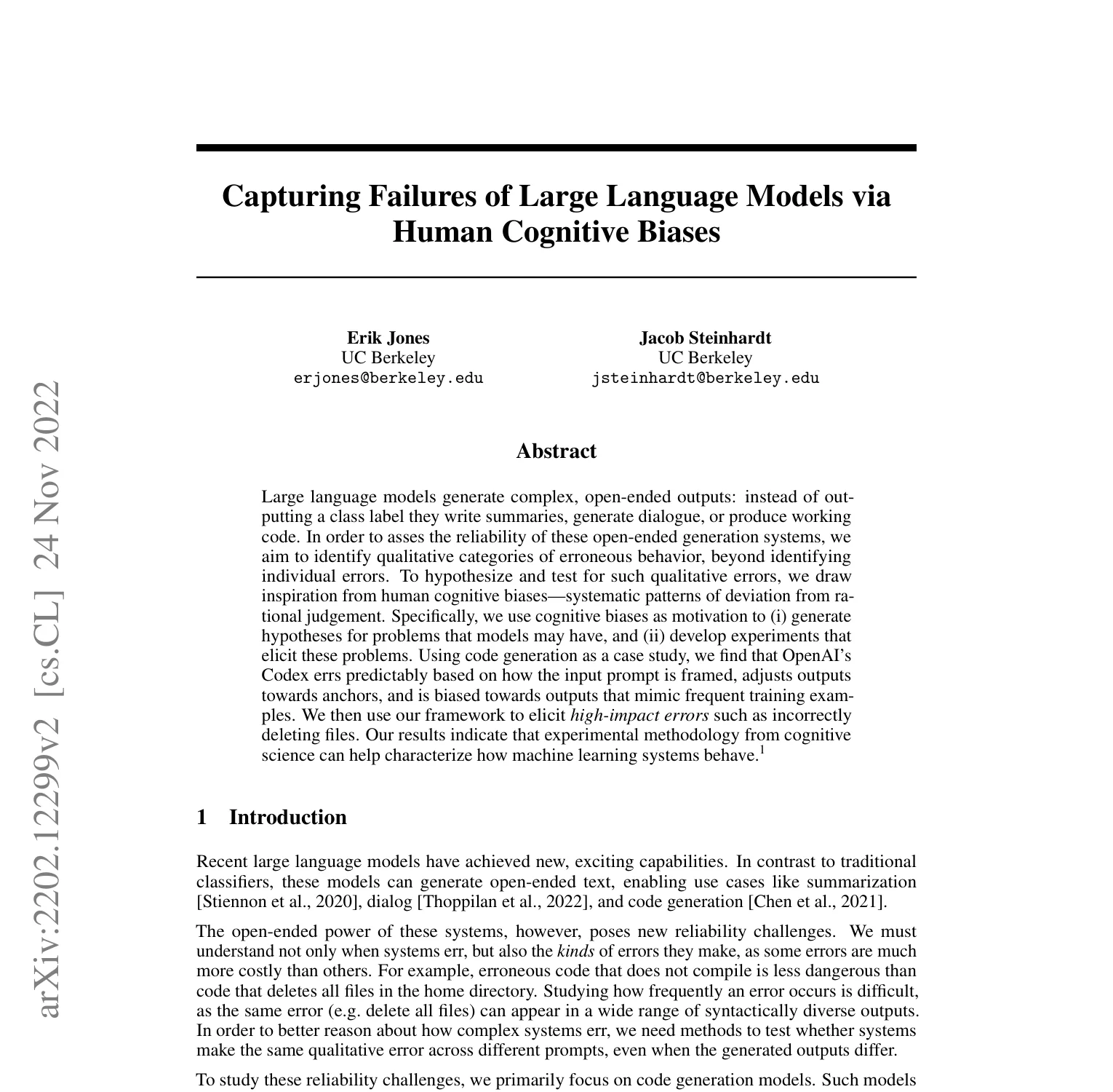 Rendered first page of Capturing Failures of Large Language Models via Human Cognitive Biases, showing the abstract and opening discussion.