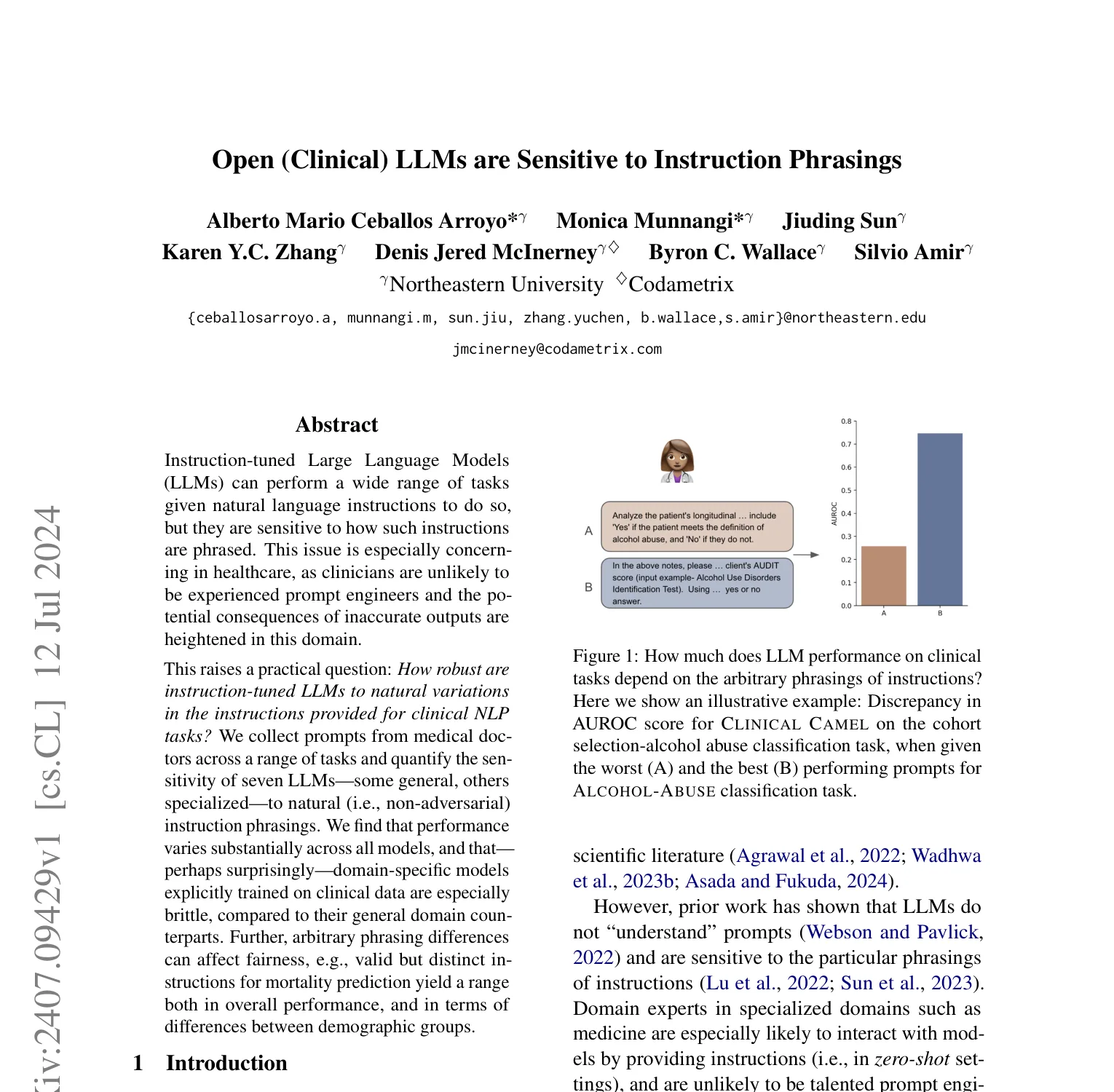 First-page screenshot of Open (Clinical) LLMs are Sensitive to Instruction Phrasings, with its title, author list, and abstract visible.