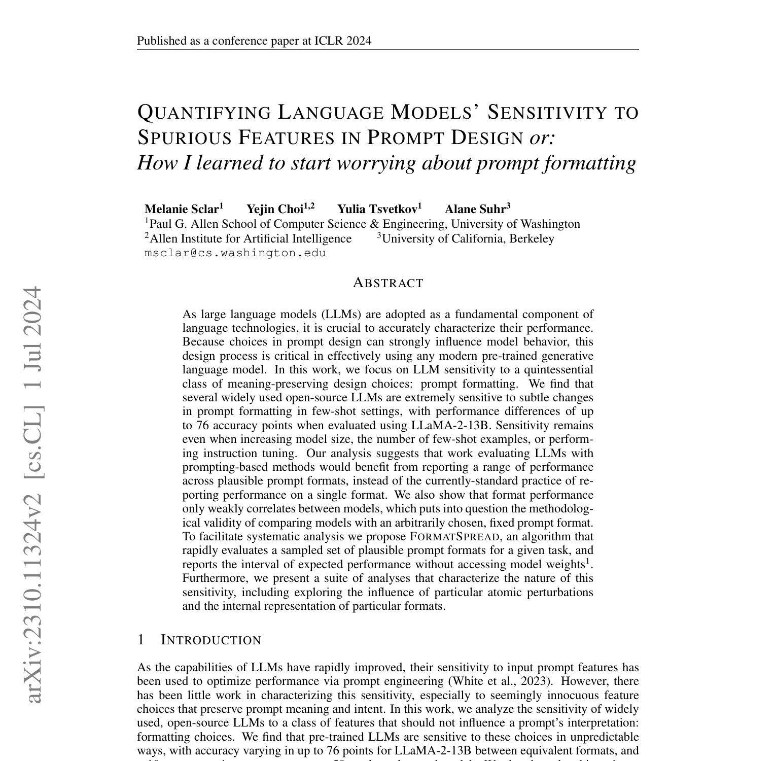 First-page screenshot of Quantifying Language Models’ Sensitivity to Spurious Features in Prompt Design, showing its title, authors, and abstract.