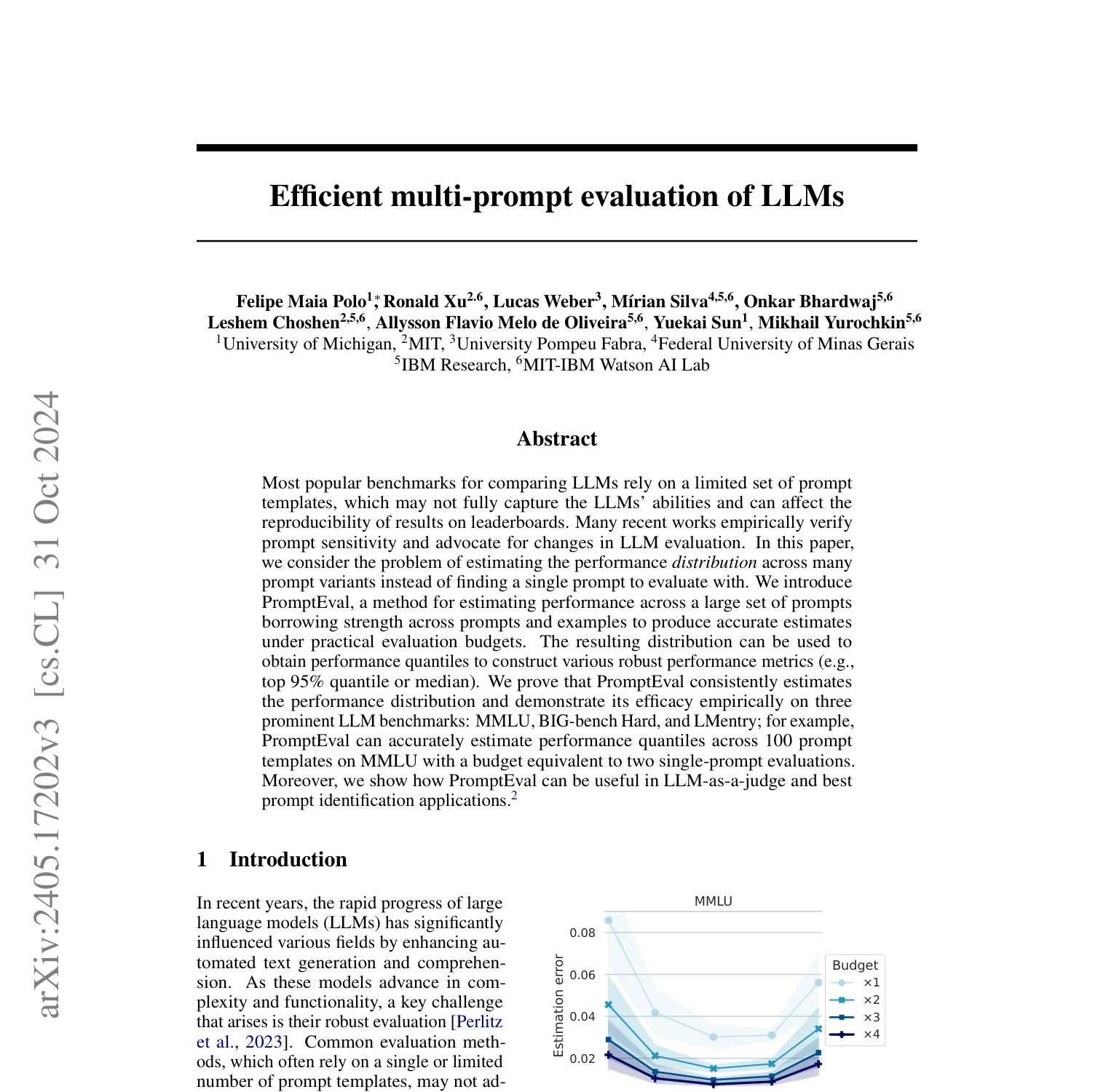 First-page screenshot of Efficient Multi-Prompt Evaluation of LLMs, including the abstract describing performance distributions over prompts.