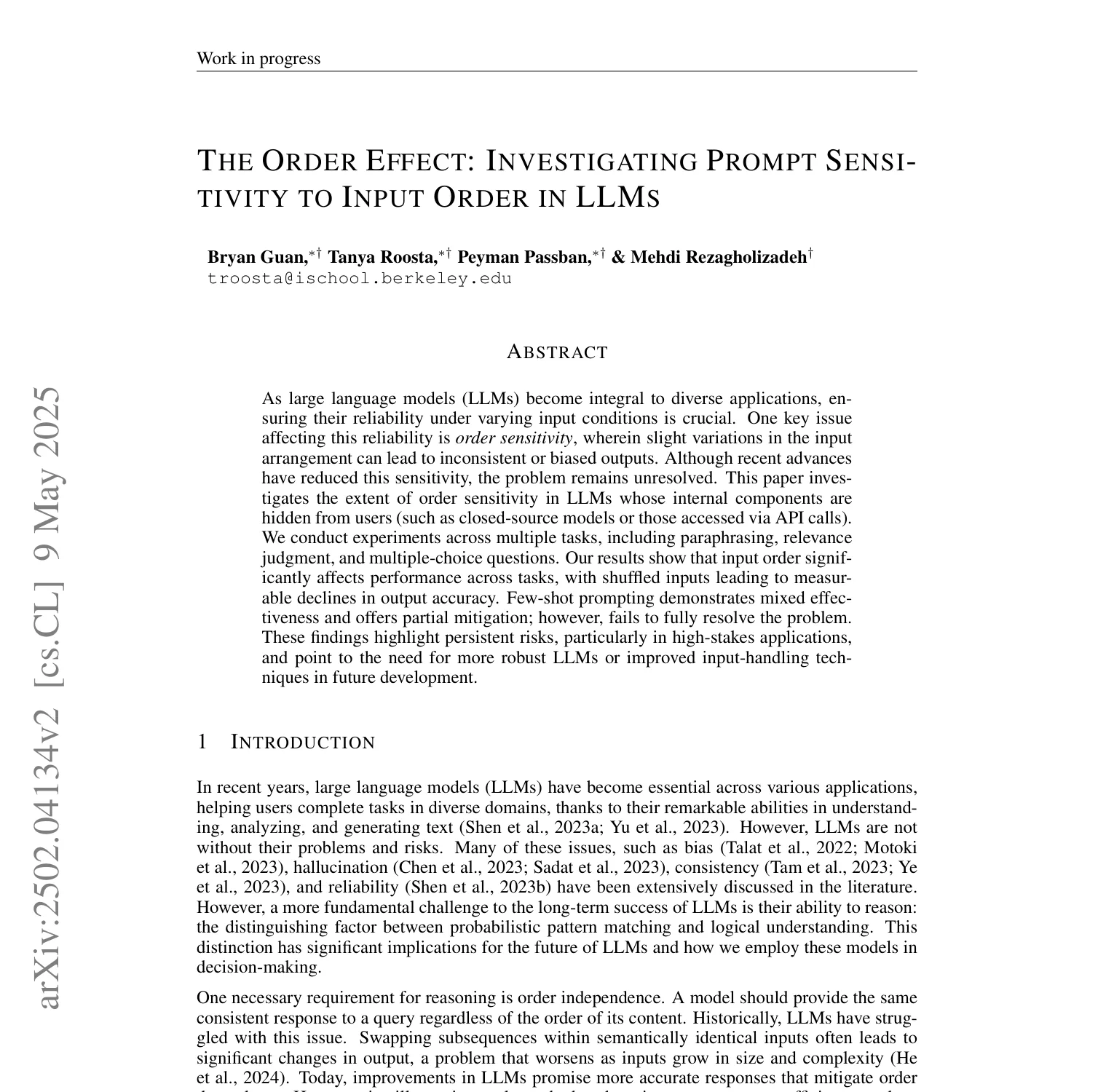 First-page screenshot of The Order Effect: Investigating Prompt Sensitivity to Input Order in LLMs, with title, authors, and abstract.