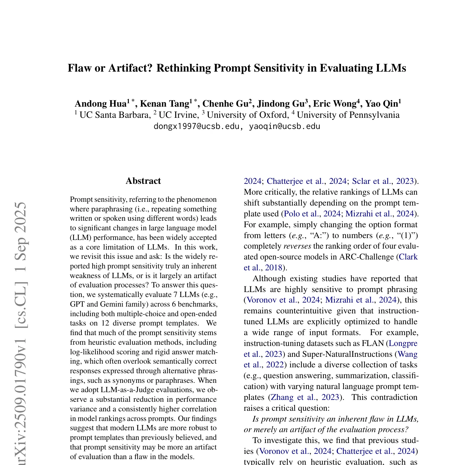First-page screenshot of Flaw or Artifact? Rethinking Prompt Sensitivity in Evaluating LLMs, showing the title, authors, and abstract.