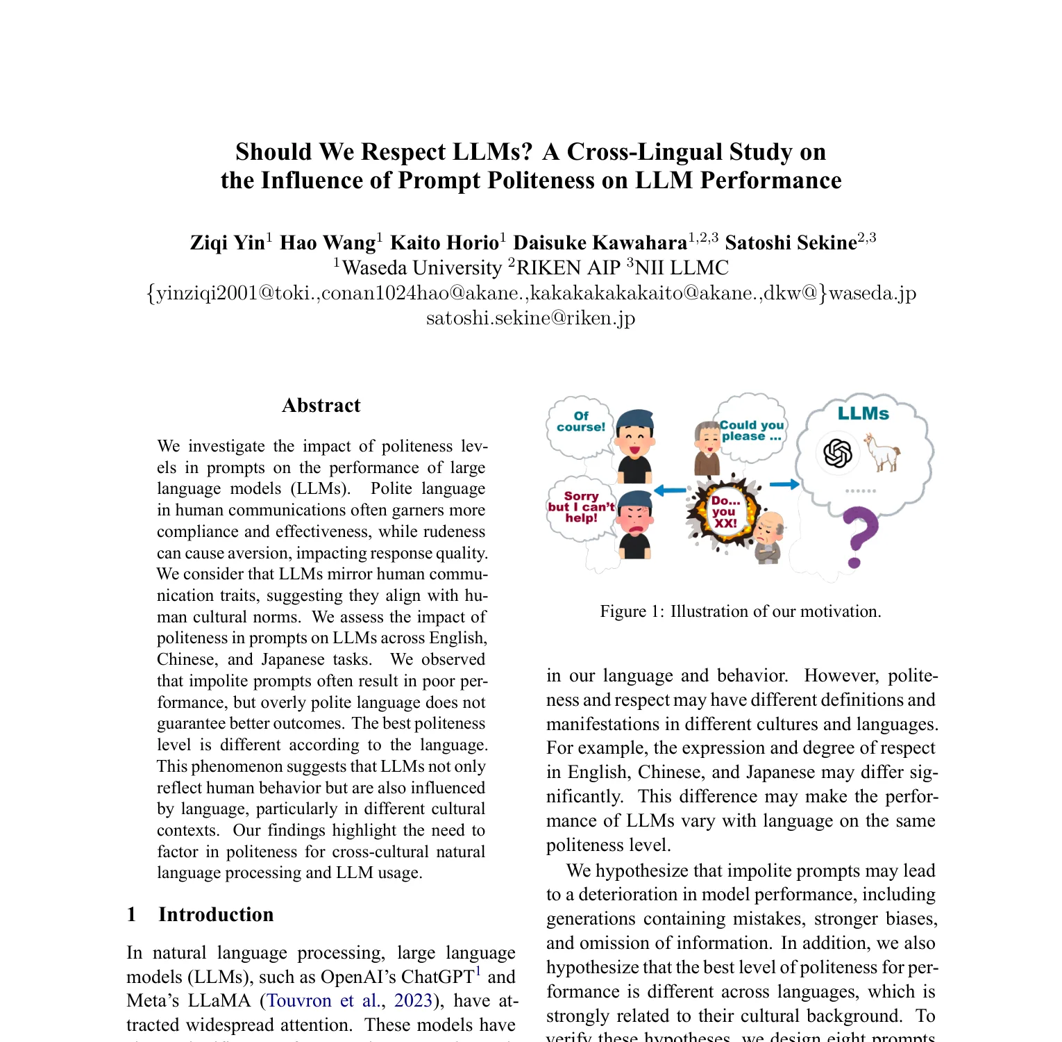 First-page screenshot of Should We Respect LLMs? A Cross-Lingual Study on the Influence of Prompt Politeness on LLM Performance, including its abstract.