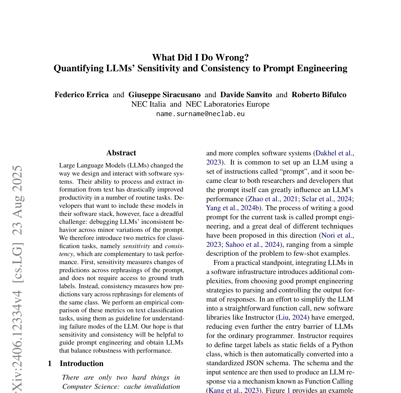 First-page screenshot of What Did I Do Wrong? Quantifying LLMs’ Sensitivity and Consistency to Prompt Engineering, showing the paper title and abstract.