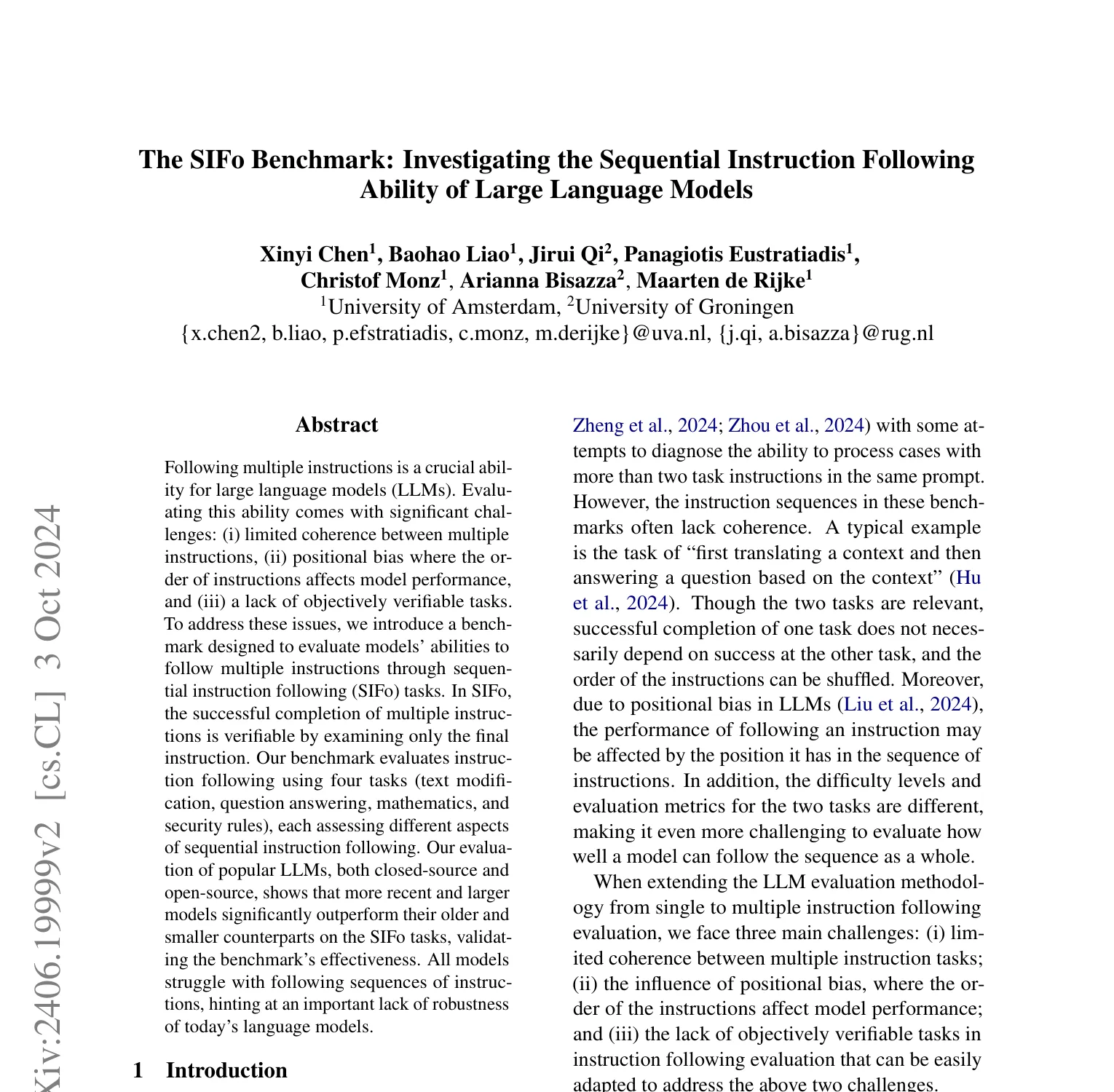 First-page screenshot of The SIFo Benchmark: Investigating the Sequential Instruction Following Ability of Large Language Models, including its abstract.