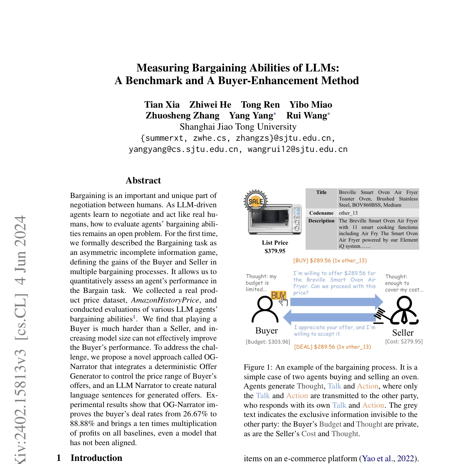 First-page screenshot of Measuring Bargaining Abilities of LLMs: A Benchmark and A Buyer-Enhancement Method, showing the title, abstract, and negotiation example.