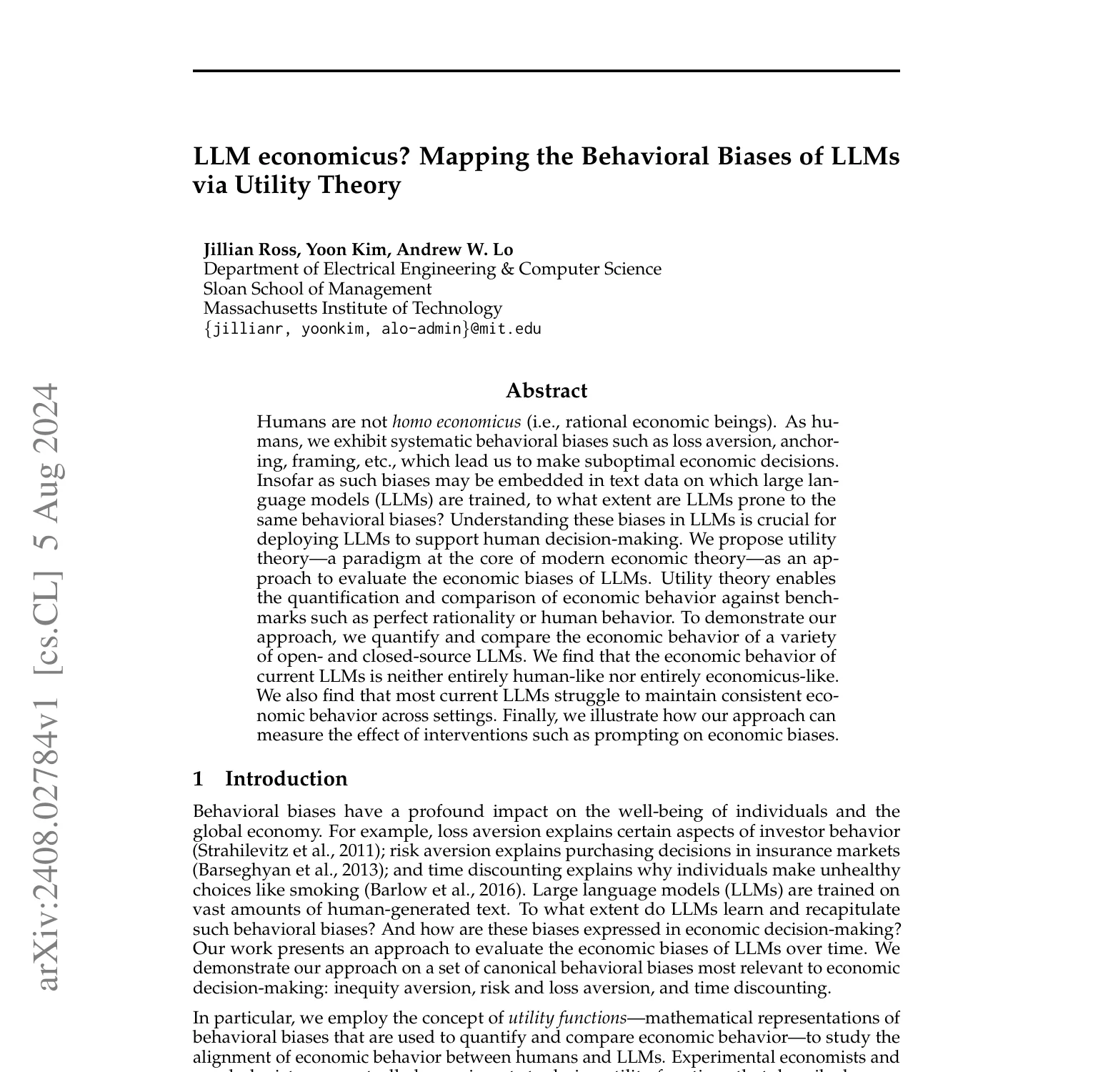 First-page screenshot of LLM economicus? Mapping the Behavioral Biases of LLMs via Utility Theory, showing the title and abstract.