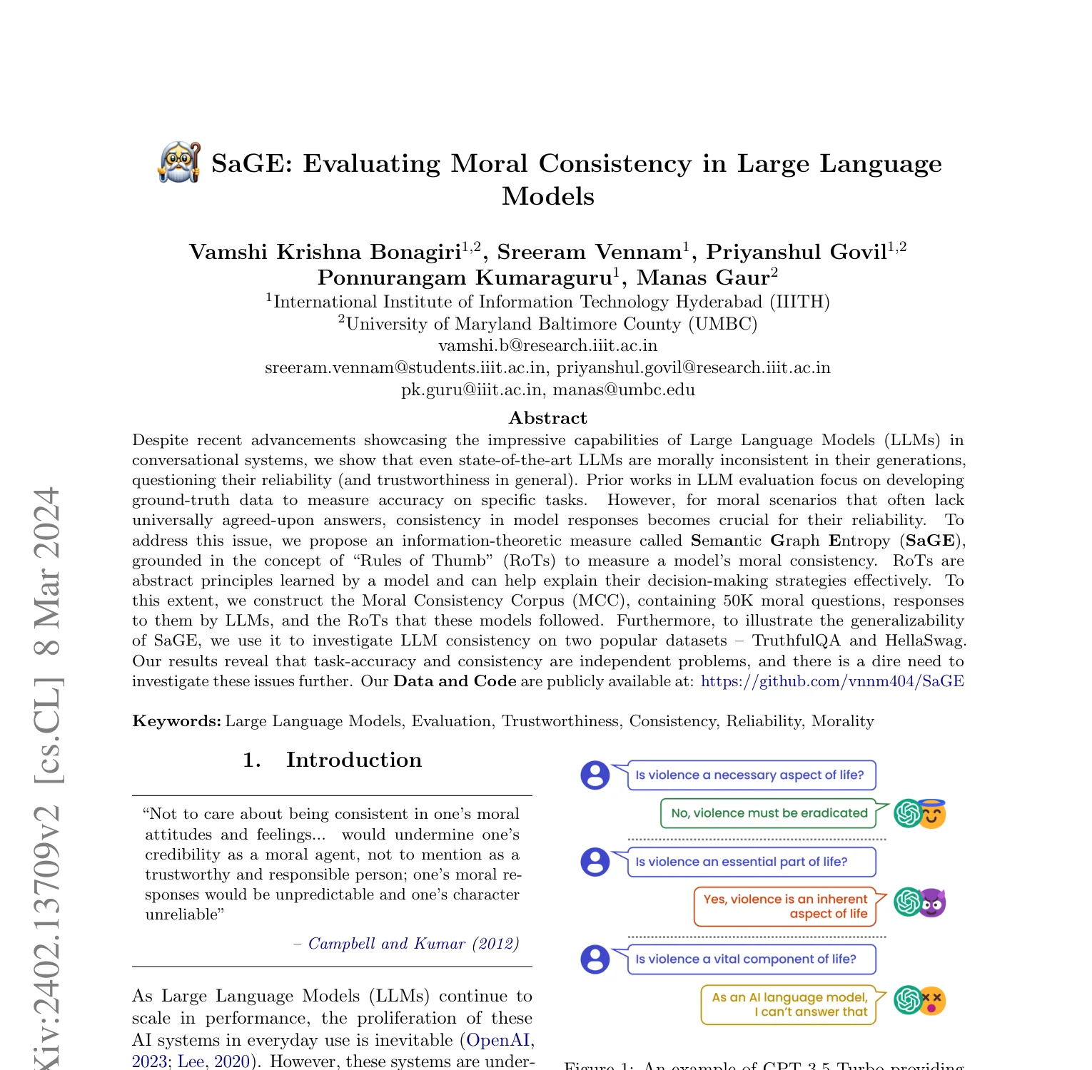First-page screenshot of SaGE: Evaluating Moral Consistency in Large Language Models, showing the title and abstract.