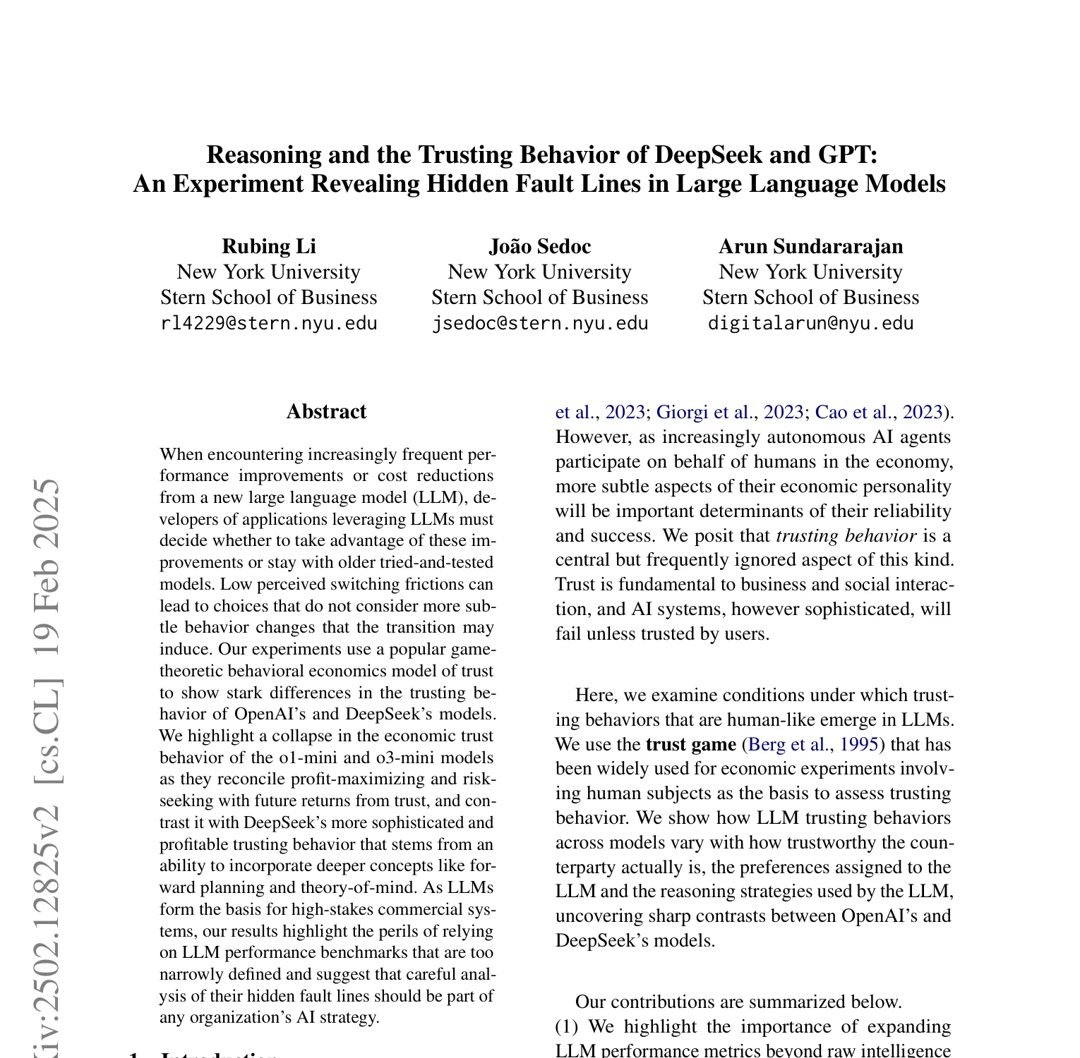 First-page screenshot of Reasoning and the Trusting Behavior of DeepSeek and GPT, showing the paper title and abstract.